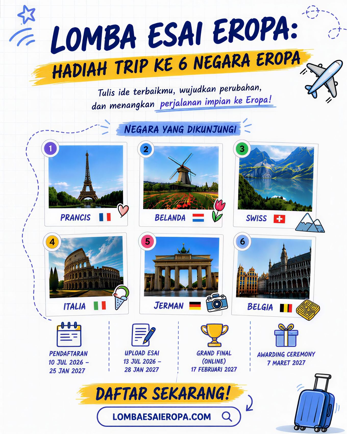 Poster resmi Lomba Esai Eropa 2026 — Global Youth Action, hadiah trip ke 6 negara Eropa